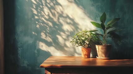 Wall Mural - Sunlit Plants Resting On Wooden Table Against Teal Wall