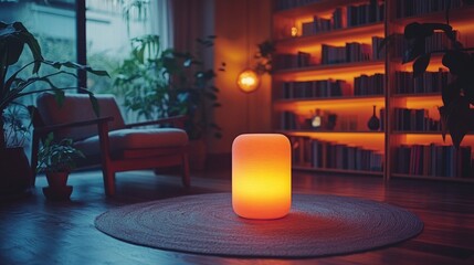 Poster - A soft orange glow emanates from a unique lamp in a living room filled with indoor plants and a bookshelf. The calming ambiance invites relaxation and cozy gatherings.