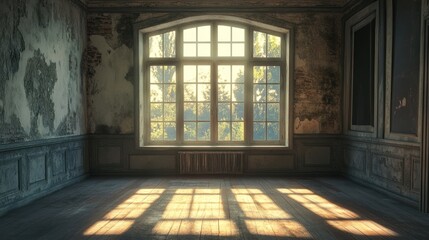 Poster - Sunlit abandoned room with peeling walls, hardwood floors, and large window.