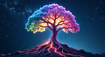 Wall Mural - Multicolored glowing tree with lightning roots under a starry night sky. Concept for energy healing and spiritual awakening
