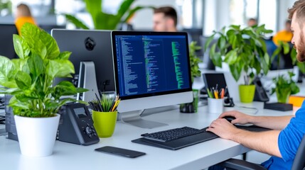 Focused on Code: A programmer meticulously crafts lines of code on a sleek desktop computer in a modern office setting. The image exudes professionalism, innovation.