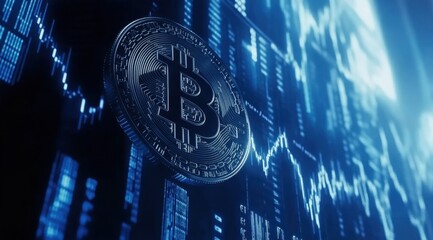 Wall Mural - A blue digital background with a Bitcoin logo and some charts floating in the air, featuring blue colors, a dark blue gradient, white lights, and blue light effects Generative AI