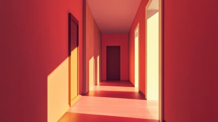 Wall Mural - Sunlit red hallway with doors and shadows.