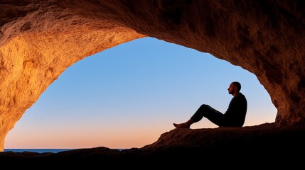 Wall Mural - Solitude's Embrace: A man sits silhouetted in a cave entrance, gazing at the serene sunset. A moment of peaceful contemplation and introspection.