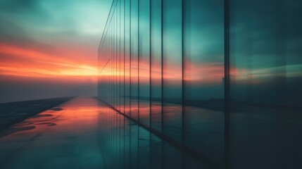 Poster - Modern glass building reflecting vibrant sunset, wet ground.