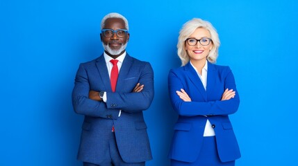 Wall Mural - Confident Leadership: A mature, successful business couple stands with their arms crossed, radiating power and expertise against a vibrant blue background.