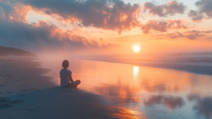 Poster - As the sun sets on the horizon, a person sits quietly on the shoreline, surrounded by gentle waves and vibrant colors reflecting on the water.