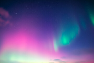Wall Mural - aurora borealis in night winter sky. sky with polar lights and stars. waves of green and purple nort
