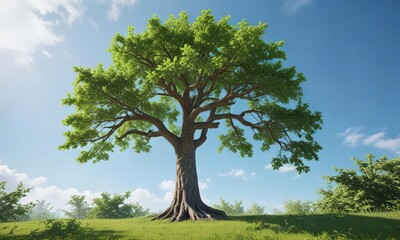 Wall Mural - Tree with a strong trunk and lush green leaves isolated on a white background against a clear blue sky, environment , green