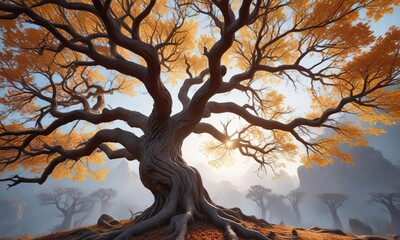 Wall Mural - Ancient tree branches stretching towards the clear sky, nature, foliage