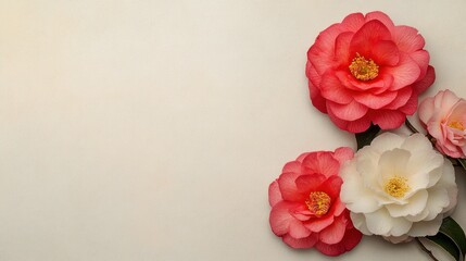 Poster - Elegant Camellia Blooms on Beige Background