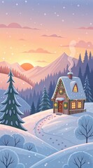 Wall Mural - Charming Winter Farmhouse Nestled in Snowy Forest at Sunset. Generative AI