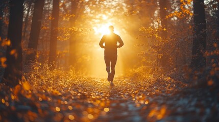 Aufkleber - A jogger enjoys a morning run along a serene forest path. The warm sunlight filters through trees, creating a peaceful autumn atmosphere filled with golden leaves.