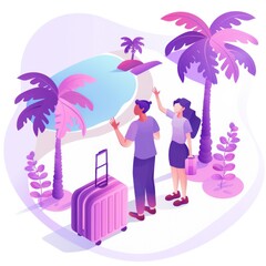 Wall Mural - Couple admiring tropical beach view, luggage nearby.