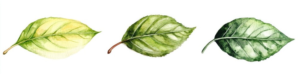 Hand-Painted Watercolor Leaf Collection. Bright Green Foliage and Branches Isolated on Clean White Background