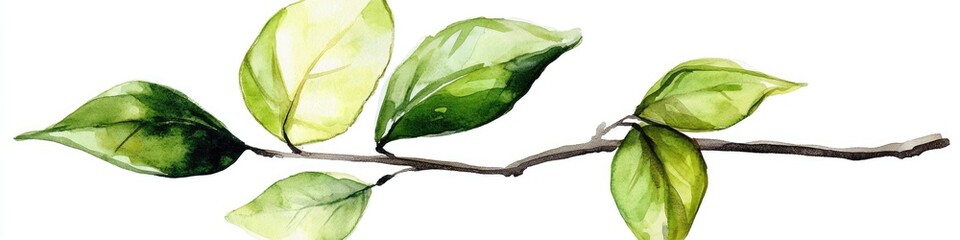 Watercolor Leaf Collection. Hand-Painted Green Foliage and Branches on White Canvas