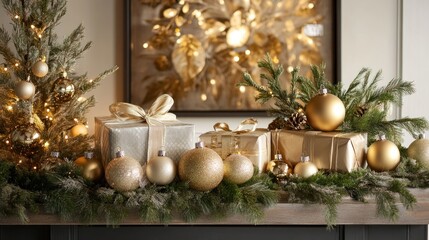 Wall Mural - Elegant gold Christmas ornaments and gifts displayed on a mantel with evergreen boughs and warm lighting.