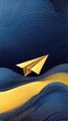 © starush - Paper airplane soaring through a starry, abstract landscape of blue and gold, AI
