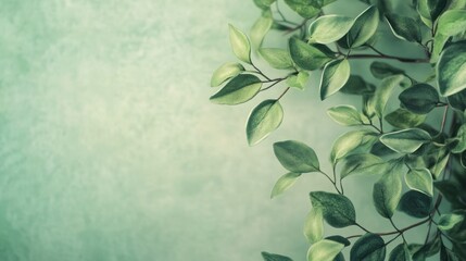 Wall Mural - Lush green foliage on a teal background;  perfect for spring or summer themes.