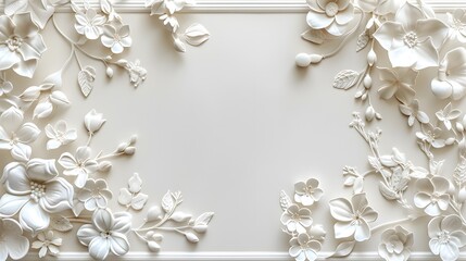 Wall Mural - Delicate white floral relief with 3D flowers and leaves forming a decorative frame on a neutral background Elegant composition for design and print with copy space

