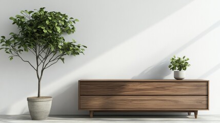 Wall Mural - Minimalist interior with wooden cabinet, potted plants, and sunlight on a white wall.