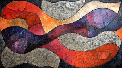 Wall Mural - Abstract colorful artwork with wavy, interwoven shapes in red, orange, purple, and grey tones.