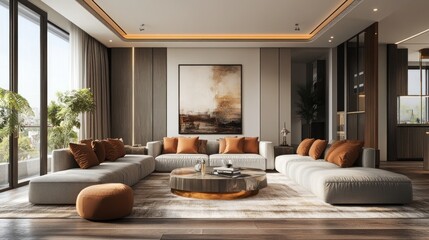 Wall Mural - Modern living room with sectional sofa, artwork, and large windows.