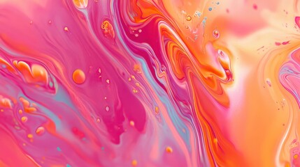 Wall Mural - Abstract vibrant pink, orange, and teal fluid art with swirling patterns and bubbles.