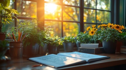 Poster - Sunlight filters through a window, illuminating a cozy study filled with lush plants and vibrant sunflowers, creating a serene reading atmosphere.