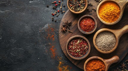 Canvas Print - Assorted spices in wooden bowls on dark background