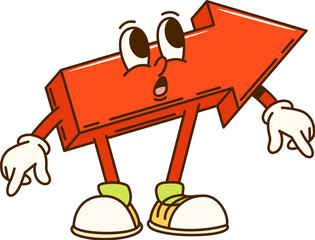 Poster - Groovy math geometric arrow figure character. Isolated cartoon vector quirky retro personage with expressive eyes and confused expression embodying educational mathematics vibe. Funky red road pointer