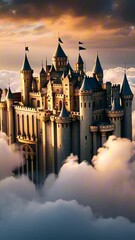 Wall Mural - vertical 9:16 castle in the sky floating in the clouds under a golden sunset