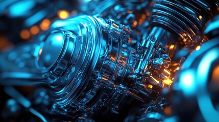 Canvas Print - Close-up of a futuristic, chrome engine with glowing orange parts.