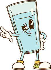 Aufkleber - Cartoon groovy glass of water character with expressive eyes, wearing sneakers, and pointing with one finger. Isolated vector drink personage with confident and friendly expression, conveying fun