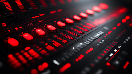 Close-up of a control panel with glowing red buttons and digital displays, Generative AI