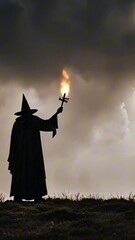 Wall Mural - vertical 9:16 dark sorcerer chanting a spell with shadows swirling around. ancient ritual site under