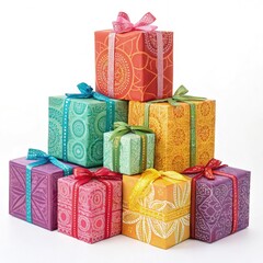 Sticker - Beautifully Wrapped Gift Boxes Arranged in a Colorful Display for Special Occasions. Generative AI