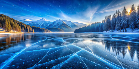 Wall Mural - A tranquil winter morning reveals a frozen lake surrounded by snow-covered mountains and evergreen trees. The blue ice sparkles as the sun rises, casting a peaceful glow