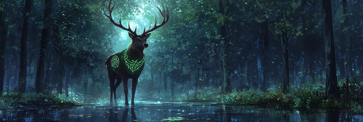 Wall Mural - A stag with glowing Celtic symbols in silver and green along its antlers, standing proudly in a twilight forest, its reflection shimmering in a nearby pond. 