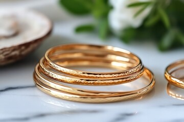 A set of slim, stackable artificial gold bangles on a marble surface, with natural light highlighting their shine.