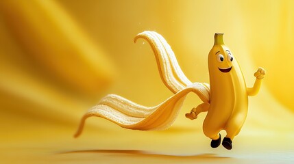 Wall Mural - Happy cartoon banana character flying with peel as cape.