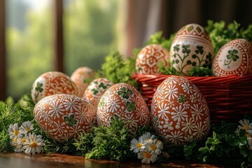 Wall Mural - Decorating Easter eggs with onion skins and leaf patterns.