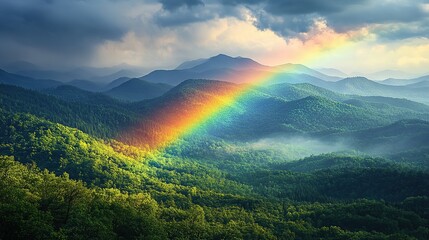 Wall Mural - Beautiful rainbow on top of green forest and mountains