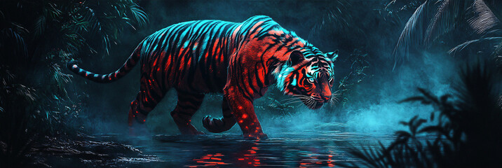 Wall Mural - A tiger with bioluminescent Aztec markings in ruby red and turquoise, prowling through a misty jungle at night, its glowing form reflected in the river. 