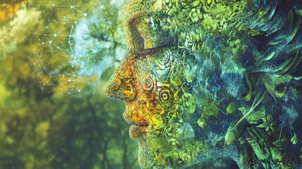 Serene Nature Woman Profile, Forest Background, AI Art