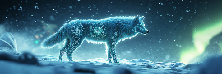 Wall Mural - A wolf covered in bioluminescent Nordic symbols in icy blue and silver, howling beneath the aurora borealis, its glowing form mirrored on the snowy ground. 