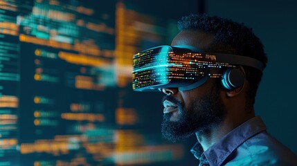 focused programmer prepares virtual reality demo in an innovative conference room filled with dynami