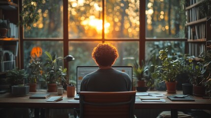 Aufkleber - A person sits at a wooden desk in a cabin, focused on their laptop as the sun sets behind trees. The space is filled with vibrant greenery, creating a peaceful atmosphere.