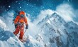 © k_viktar - Mountain climber ascending snowy peak, bright orange gear, snowstorm, majestic mountains in background, adventure, extreme sports
