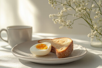 Sticker - A minimalistic breakfast table featuring a soft-boiled egg, a slice of bread, a cup, and delicate flowers in the background